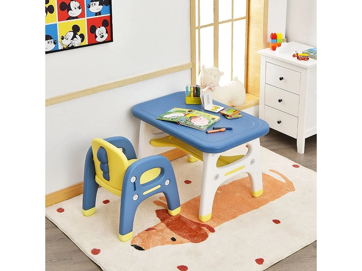 Ensemble Table et Chaise pour Enfants avec Décor Dinosaure Jeux de Construction Plateau de Rangement Plastique Bleu+Jaune