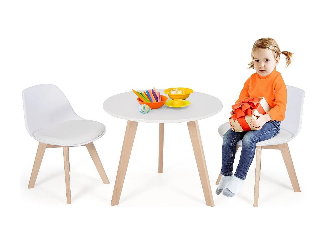 3 TLG. Kindersitzgruppe mit Runden Tisch & 2 Gepolsterten Stühlen für Kleinkinder von 3-8 J.