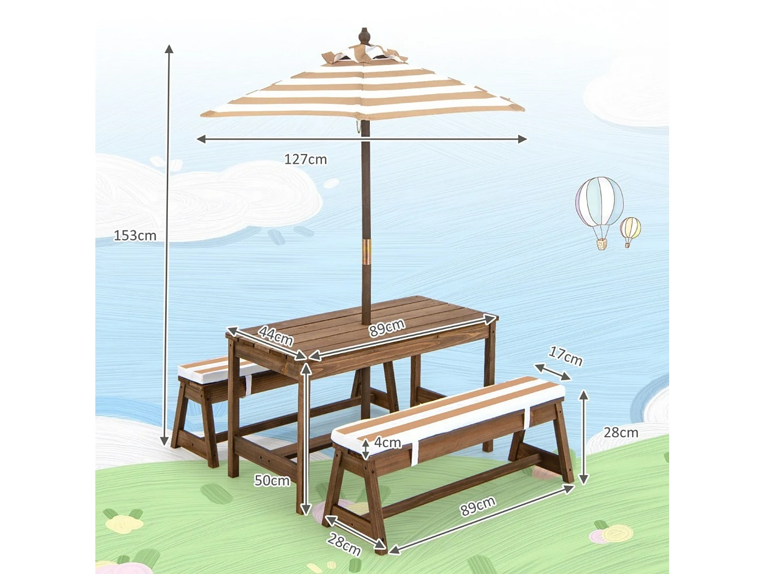 Ensemble de mobilier de jardin pour enfants : table avec parasol et 2 bancs