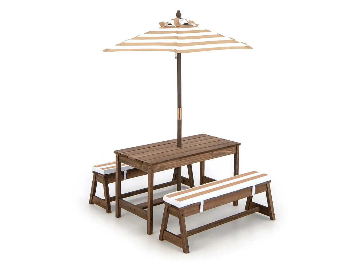 Ensemble de mobilier de jardin pour enfants : table avec parasol et 2 bancs