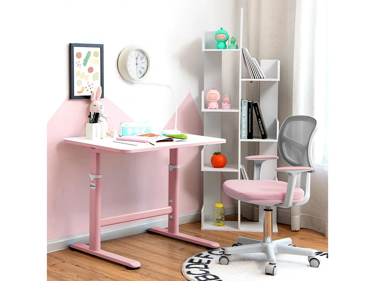 Kinder-Computerstuhl mit Einstellbarer Höhe & Selbstsichernden Rädern für 3-10 J. Kinder Rosa