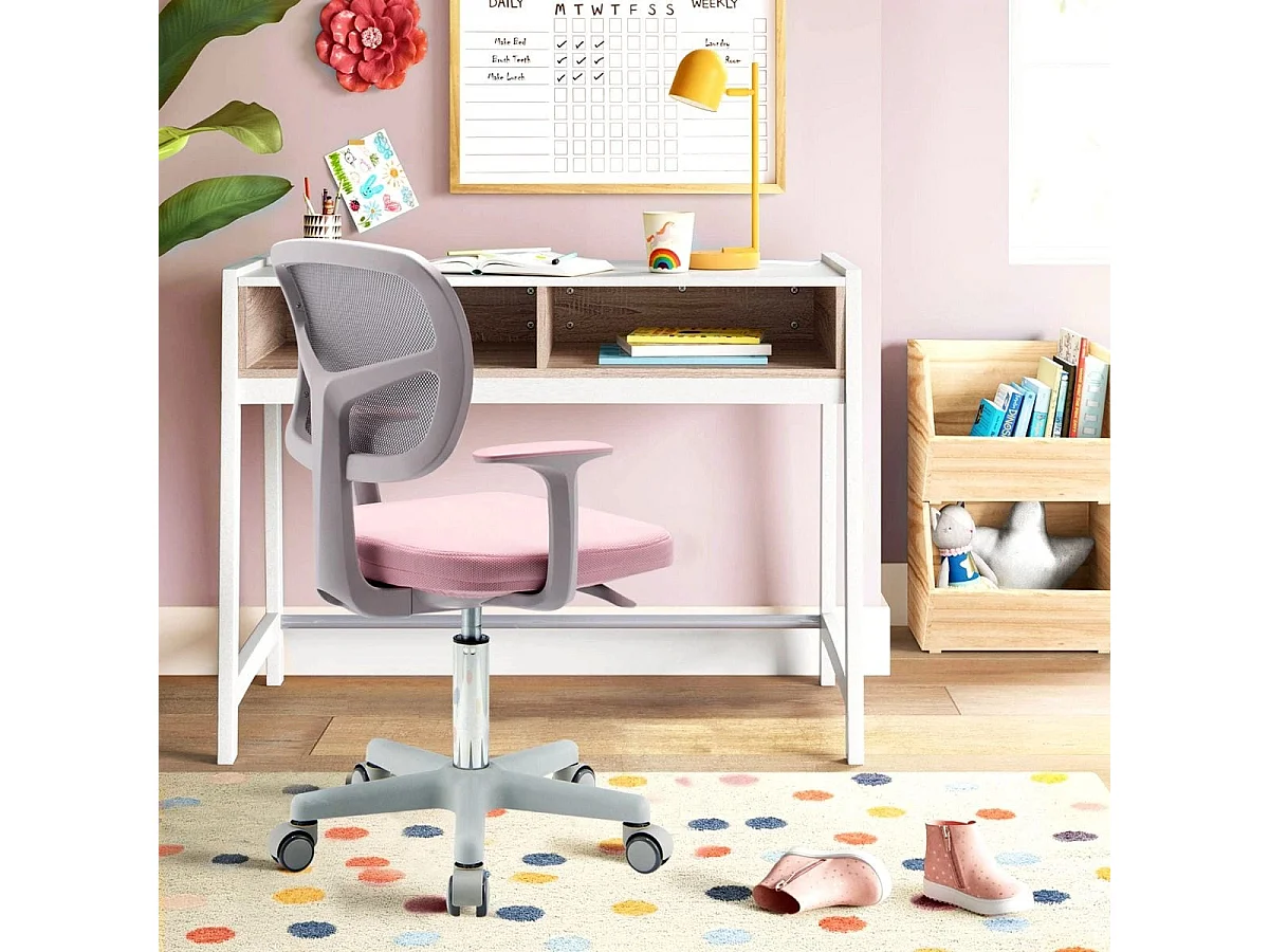 Kinder-Computerstuhl mit Einstellbarer Höhe & Selbstsichernden Rädern für 3-10 J. Kinder Rosa