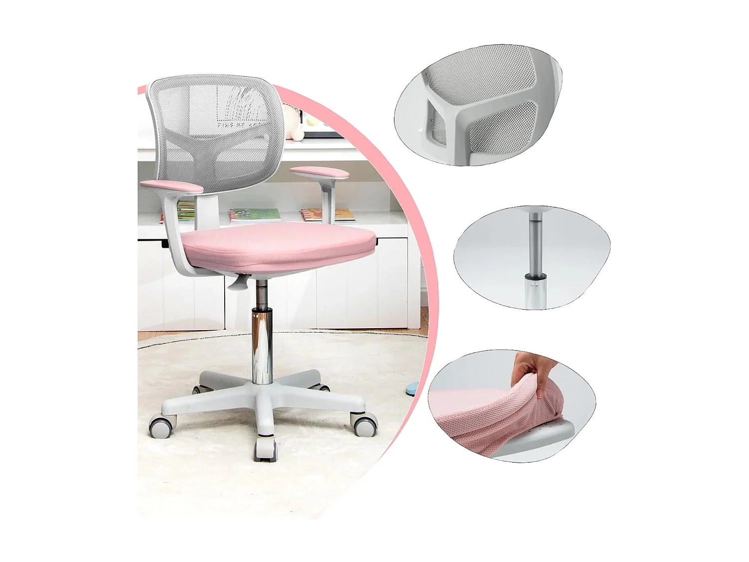 Sedia per scrivania per bambini con altezza regolabile, Sedile girevole a rete Rosa