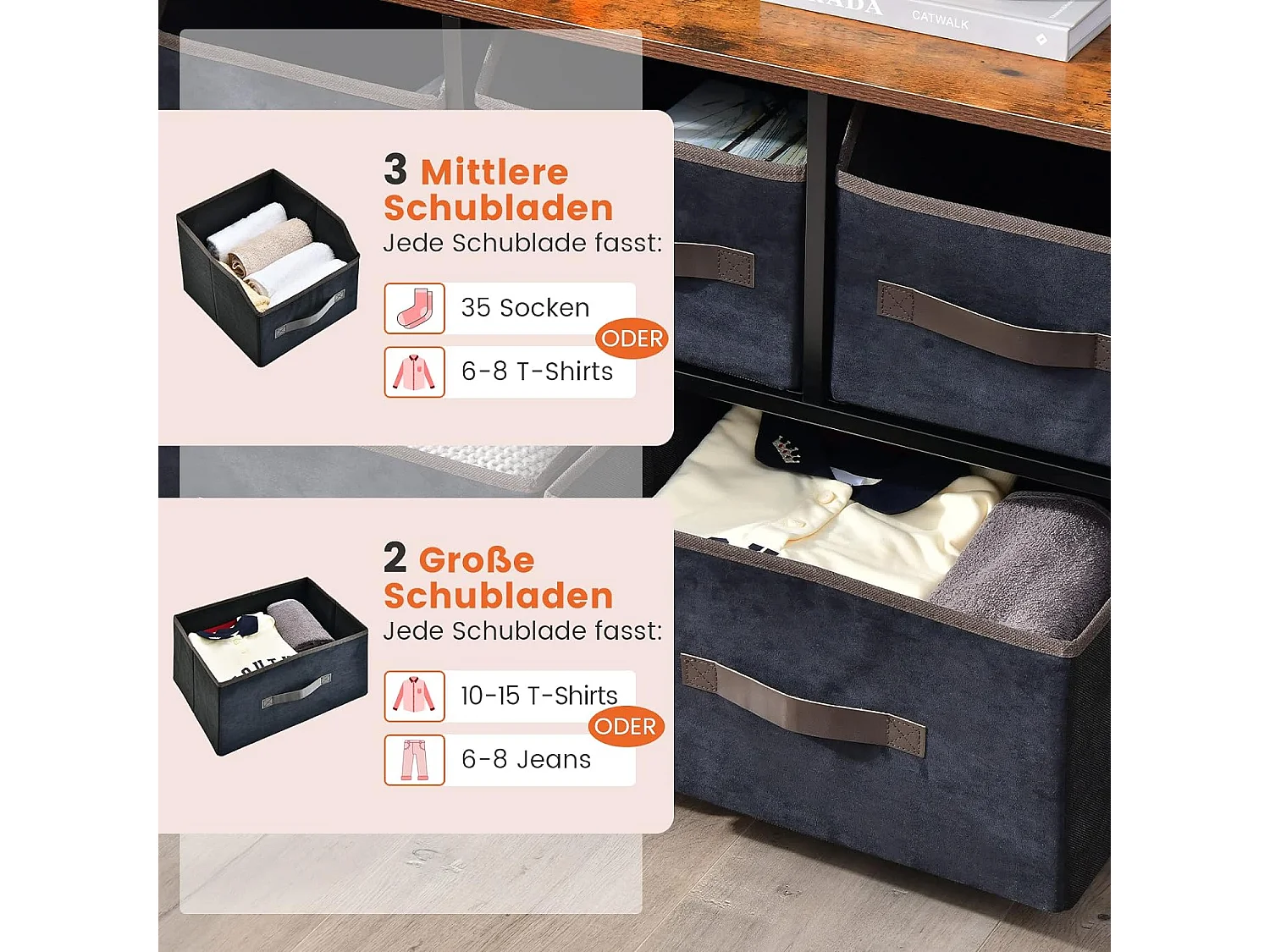 Sideboard mit Stoffschubladen