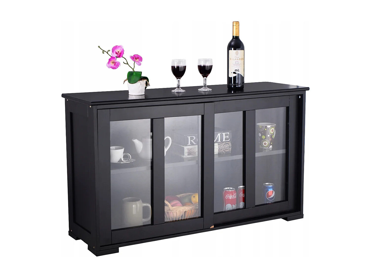 Sideboard Küchenschrank Wohnzimmerregel mit Schiebetüren Schwarz 106,5 x 33 x 62,5 cm