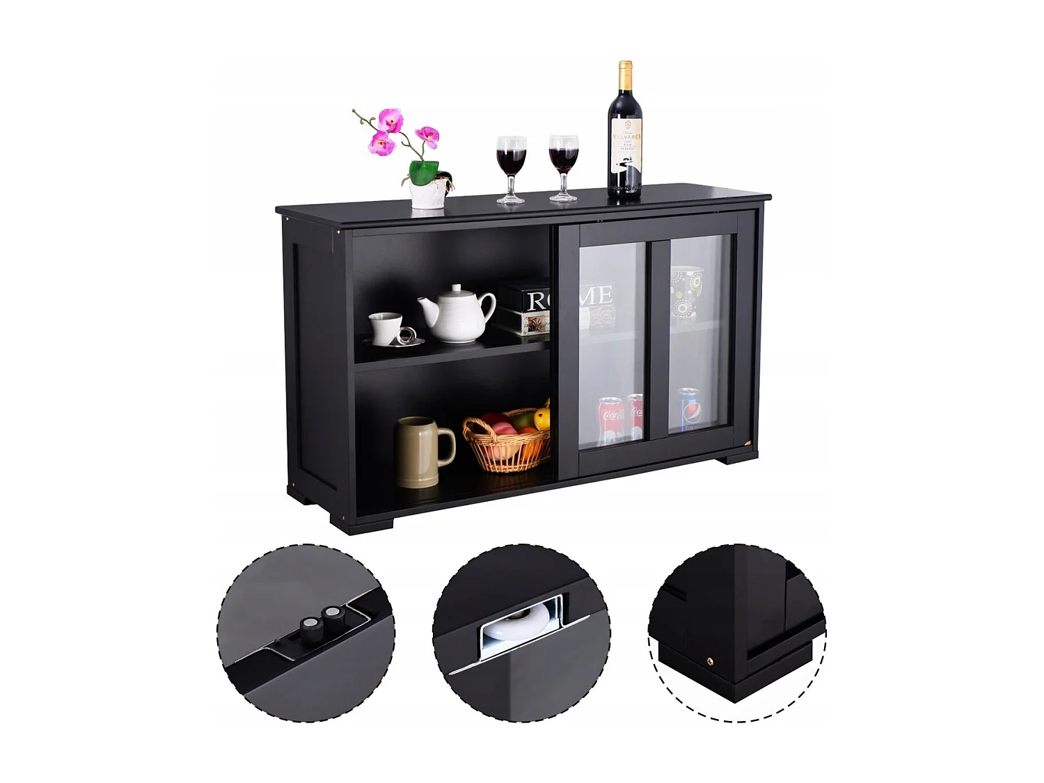 Sideboard Küchenschrank Wohnzimmerregel mit Schiebetüren Schwarz 106,5 x 33 x 62,5 cm