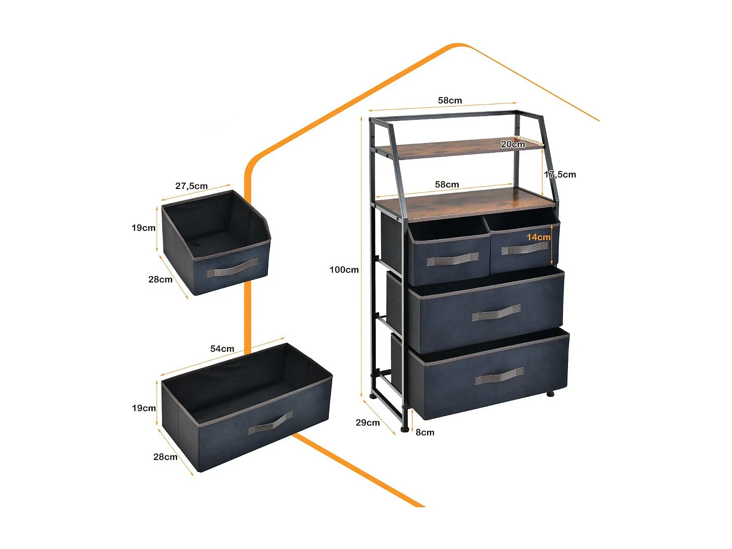 4 Schubladen Sideboard mit Stoffschubladen Stoffkommode 58 x 29 x 100 cm