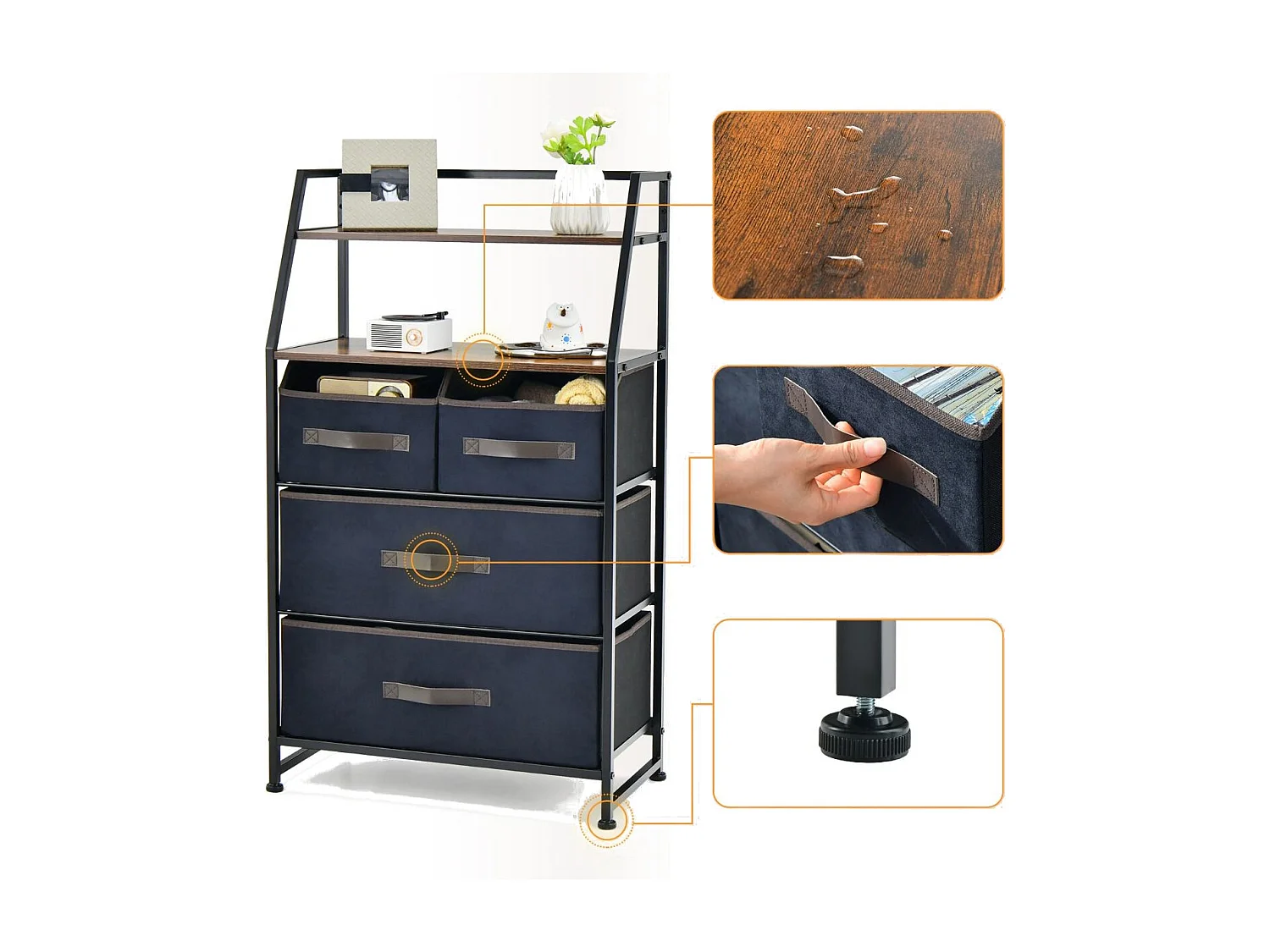 4 Schubladen Sideboard mit Stoffschubladen Stoffkommode 58 x 29 x 100 cm