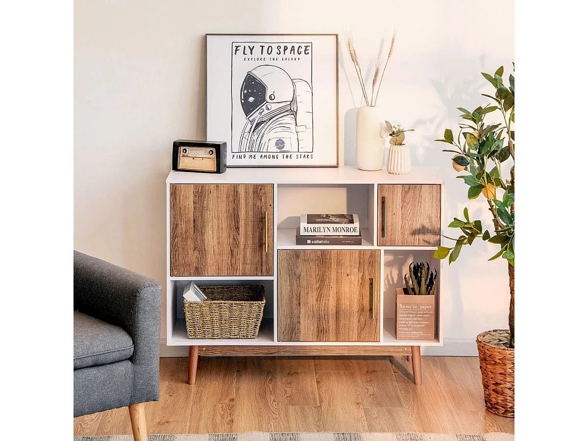 Sideboard Standregal Kommode Mehrzweck Schrank 95 x 31 x 76 cm Weiß + Kaffeebraun