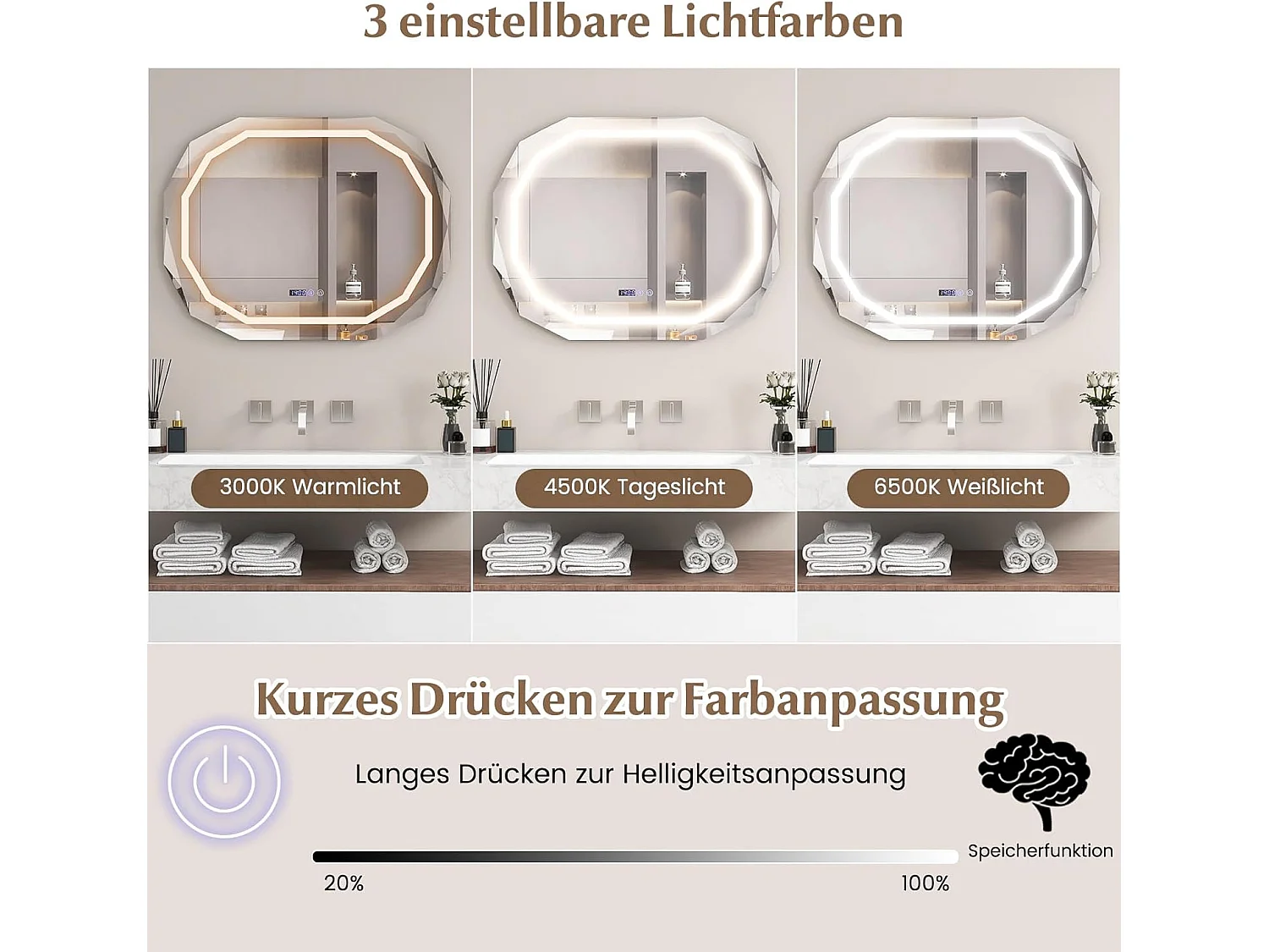 Badspiegel mit Anti-Beschlage Spiegelheizung, LED Spiegel dimmbar, Badezimmerspiegel 3000K-6500K, Wandspiegel groß 91,5 x 71 cm NM0266