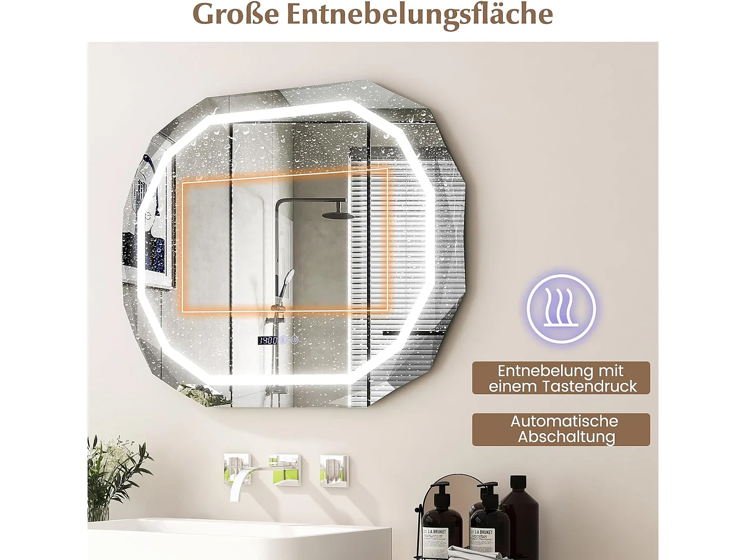 Badspiegel mit Anti-Beschlage Spiegelheizung, LED Spiegel dimmbar, Badezimmerspiegel 3000K-6500K, Wandspiegel groß 91,5 x 71 cm NM0266