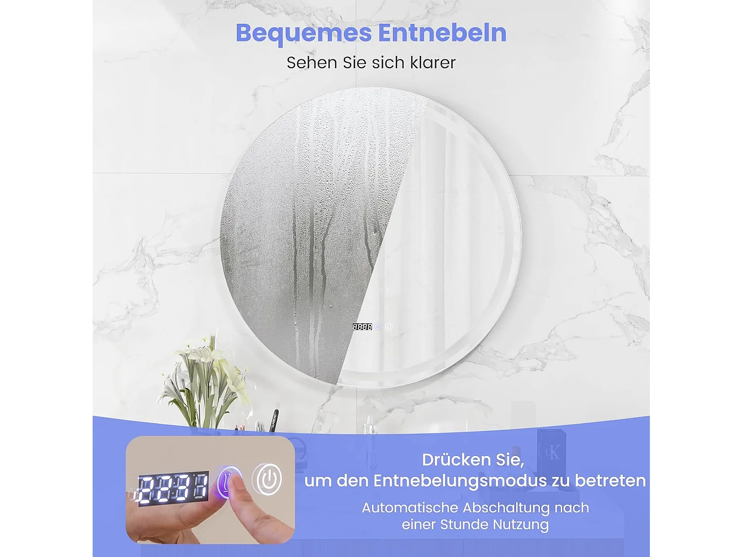 Badspiegel mit Anti-Beschlage Spiegelheizung und Anzeige, LED-Spiegel dimmbar, Badezimmerspiegel 3000K-6500K Wandspiegel (81 x 81 x 4 cm) NM0233