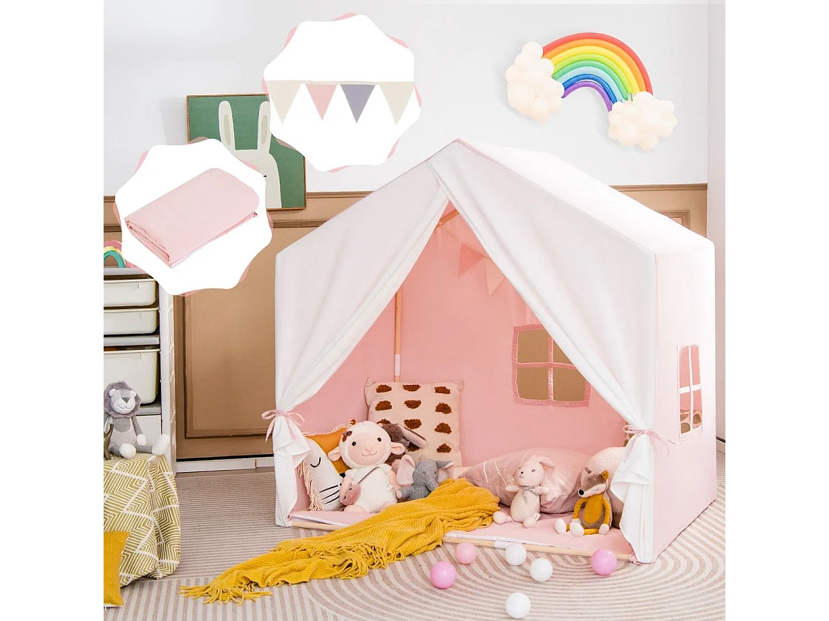 Kinderzelt mit waschbarer Baumwollmatte & Flaggenbanner Spielzelt mit Fenstern 131 x 91 x 131 cm Rosa
