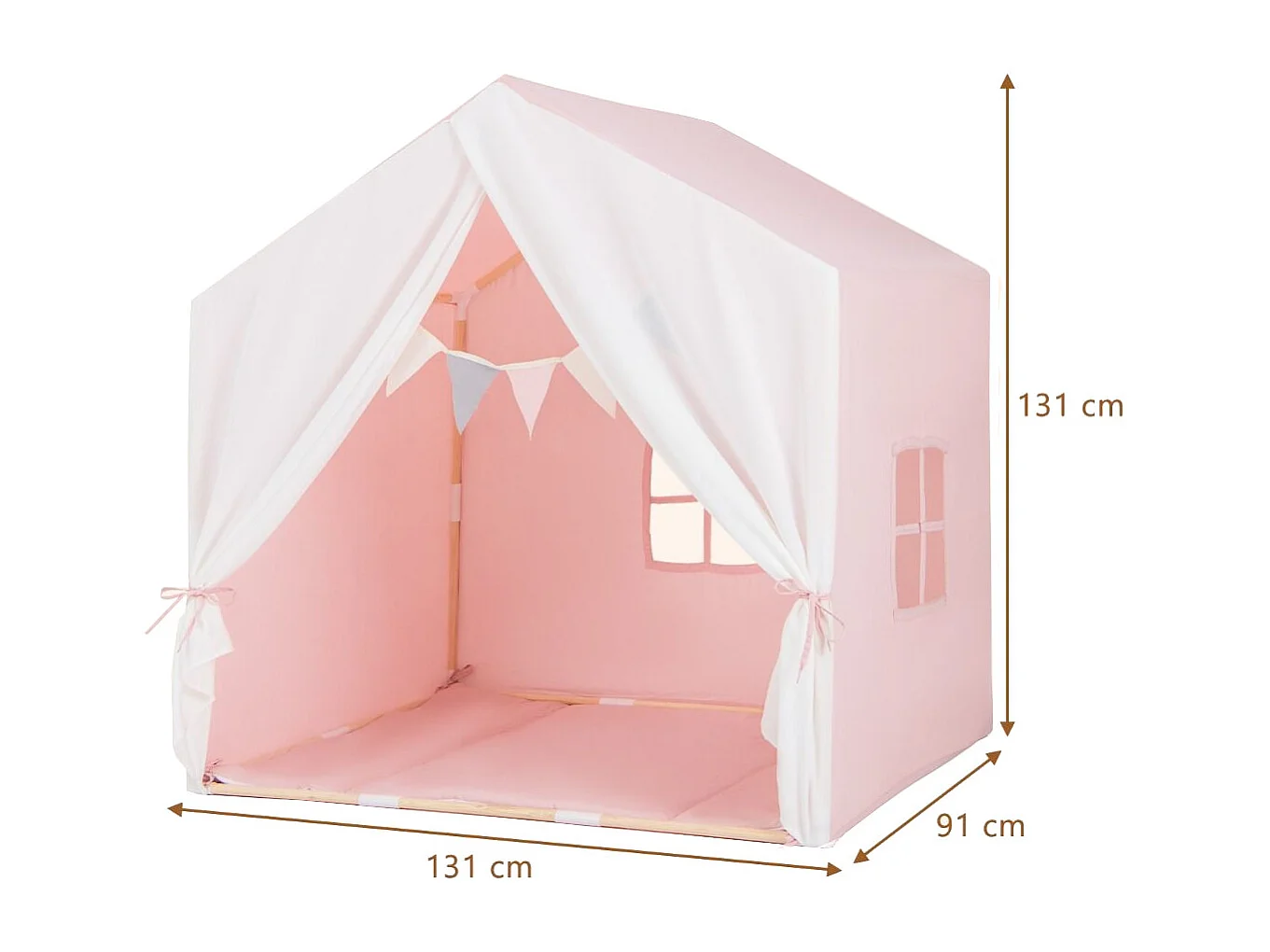 Kinderzelt mit waschbarer Baumwollmatte & Flaggenbanner Spielzelt mit Fenstern 131 x 91 x 131 cm Rosa