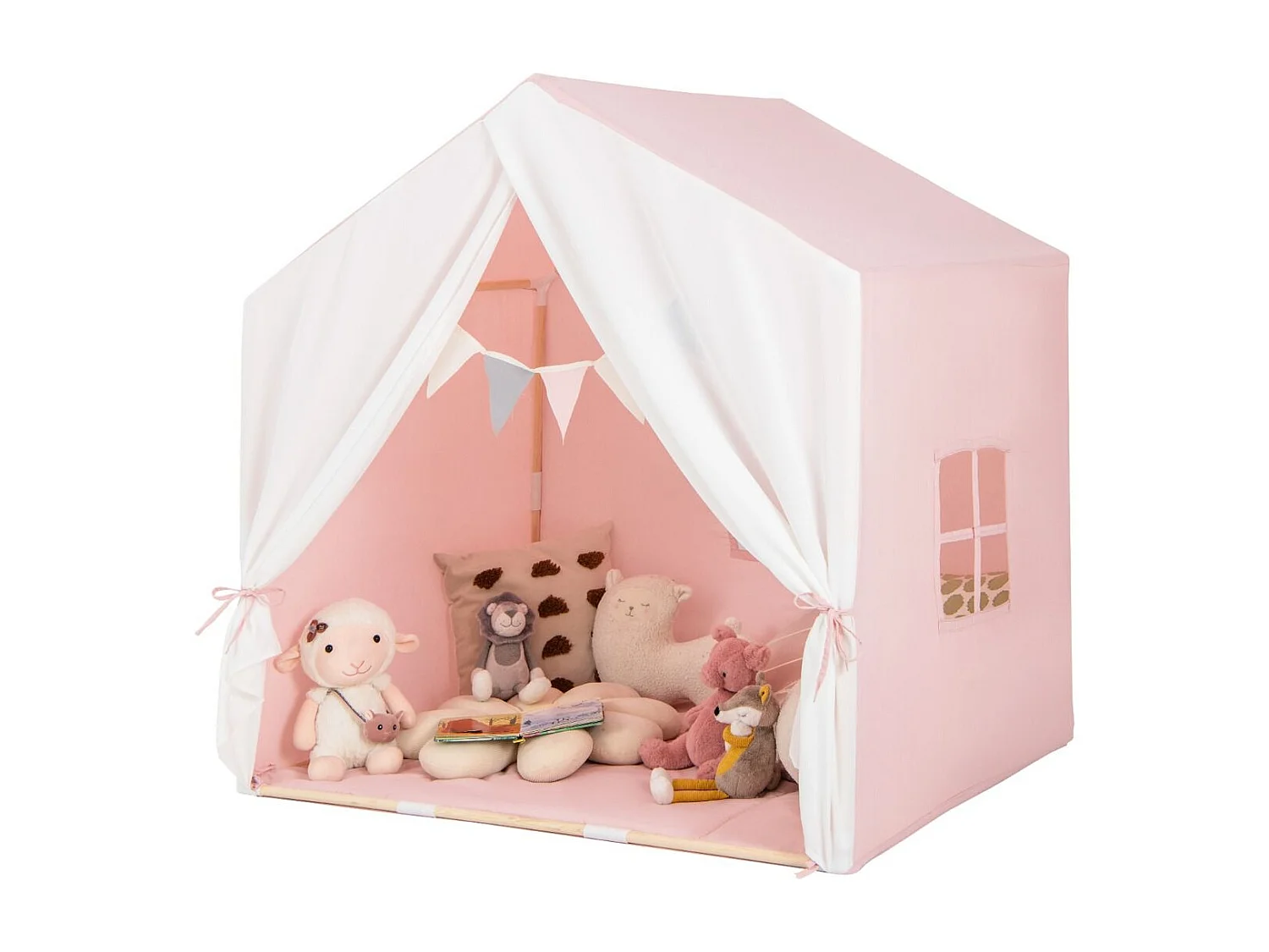 Kinderzelt mit waschbarer Baumwollmatte & Flaggenbanner Spielzelt mit Fenstern 131 x 91 x 131 cm Rosa