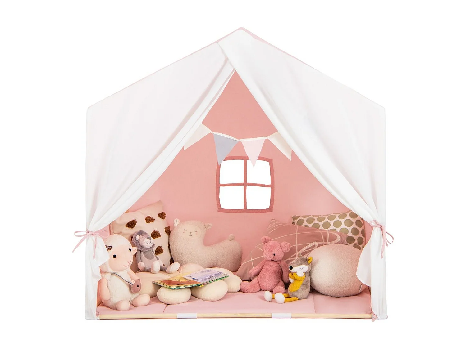 Kinderzelt mit waschbarer Baumwollmatte & Flaggenbanner Spielzelt mit Fenstern 131 x 91 x 131 cm Rosa