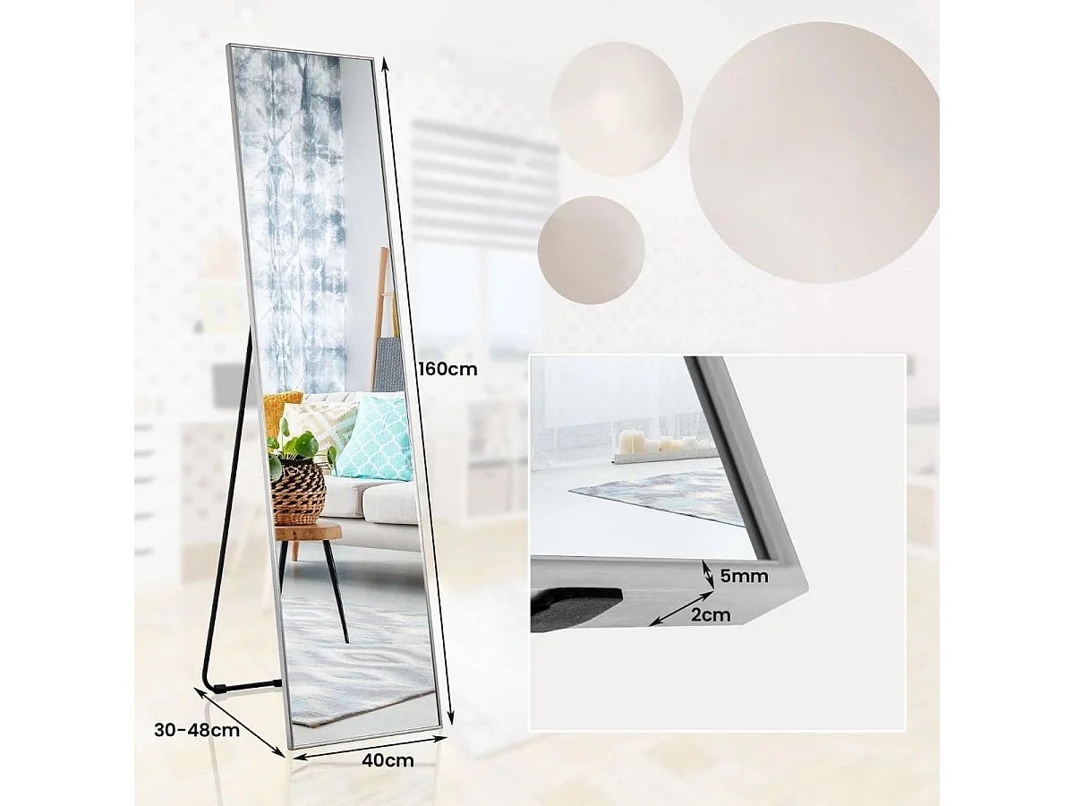160 x 40 cm Ganzkörperspiegel 2 in 1 Standspiegel & Wandspiegel aus bruchsicherem Glas Silber