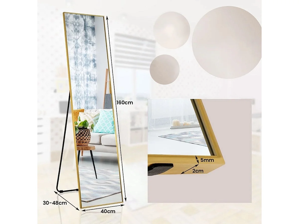 160 x 40 cm Ganzkörperspiegel 2 in 1 Standspiegel & Wandspiegel aus bruchsicherem Glas Gold