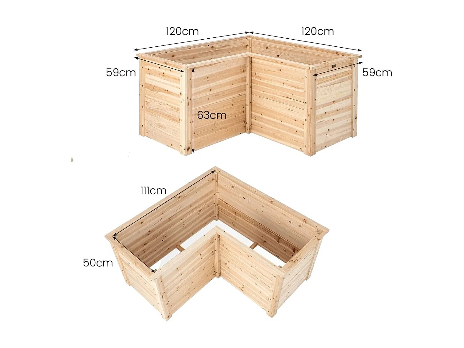 Letto rialzato in legno da giardino con base aperta, Vaso rialzato a forma di L da giardino 120x120x63cm  Naturale