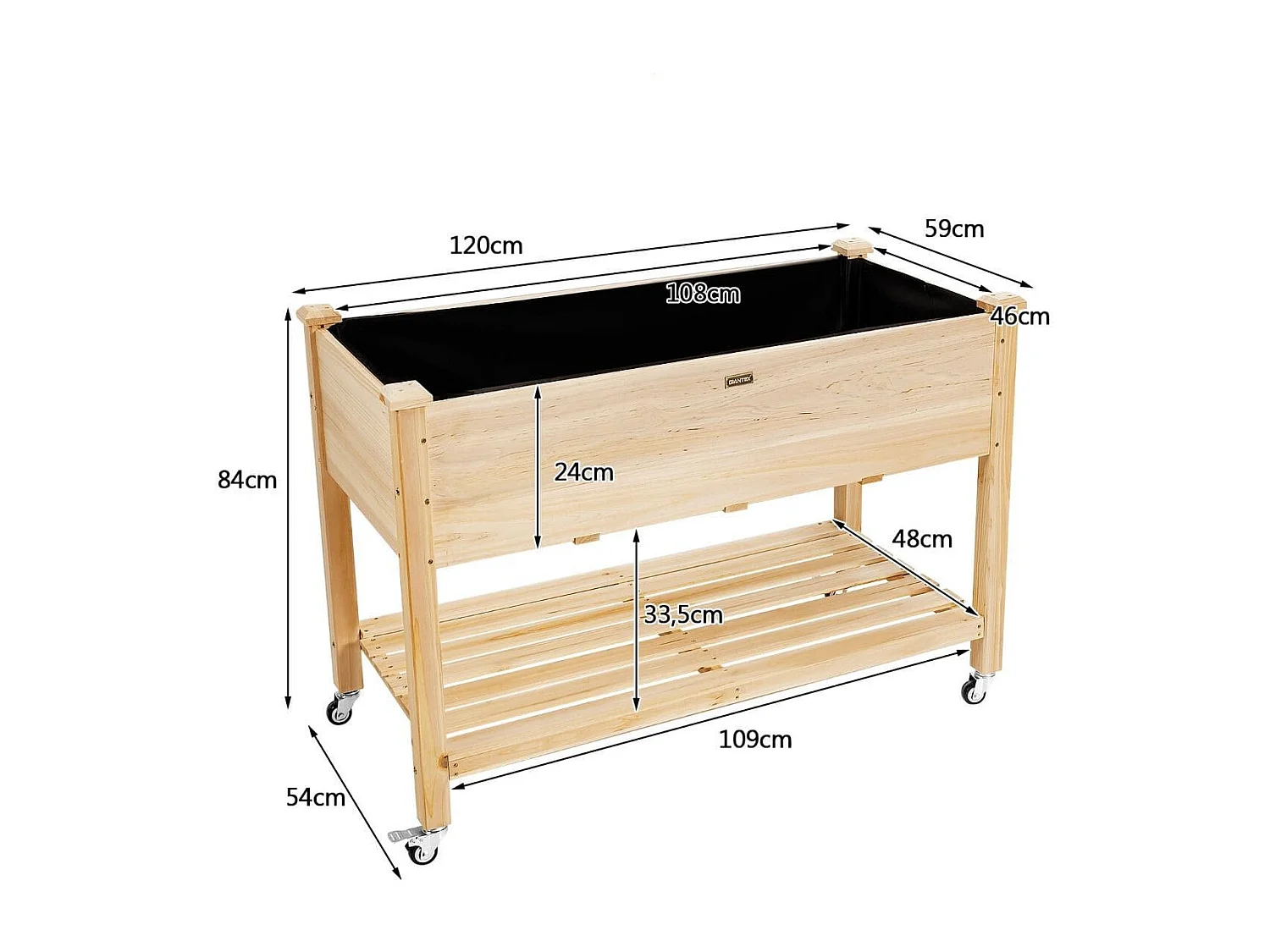 Erhöhtes Gartenbeet Pflanzkasten aus Holz mit Feststellbaren Rädern 120 x 59 x 84 cm Natur