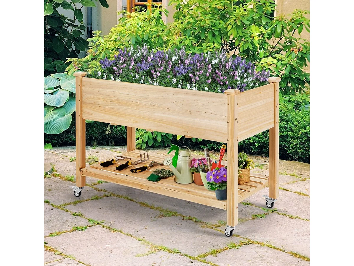 Erhöhtes Gartenbeet Pflanzkasten aus Holz mit Feststellbaren Rädern 120 x 59 x 84 cm Natur