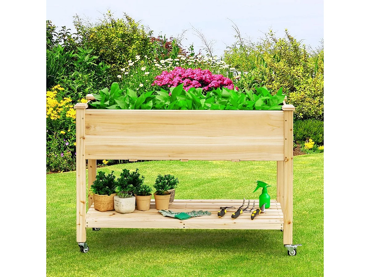 Erhöhtes Gartenbeet Pflanzkasten aus Holz mit Feststellbaren Rädern 120 x 59 x 84 cm Natur