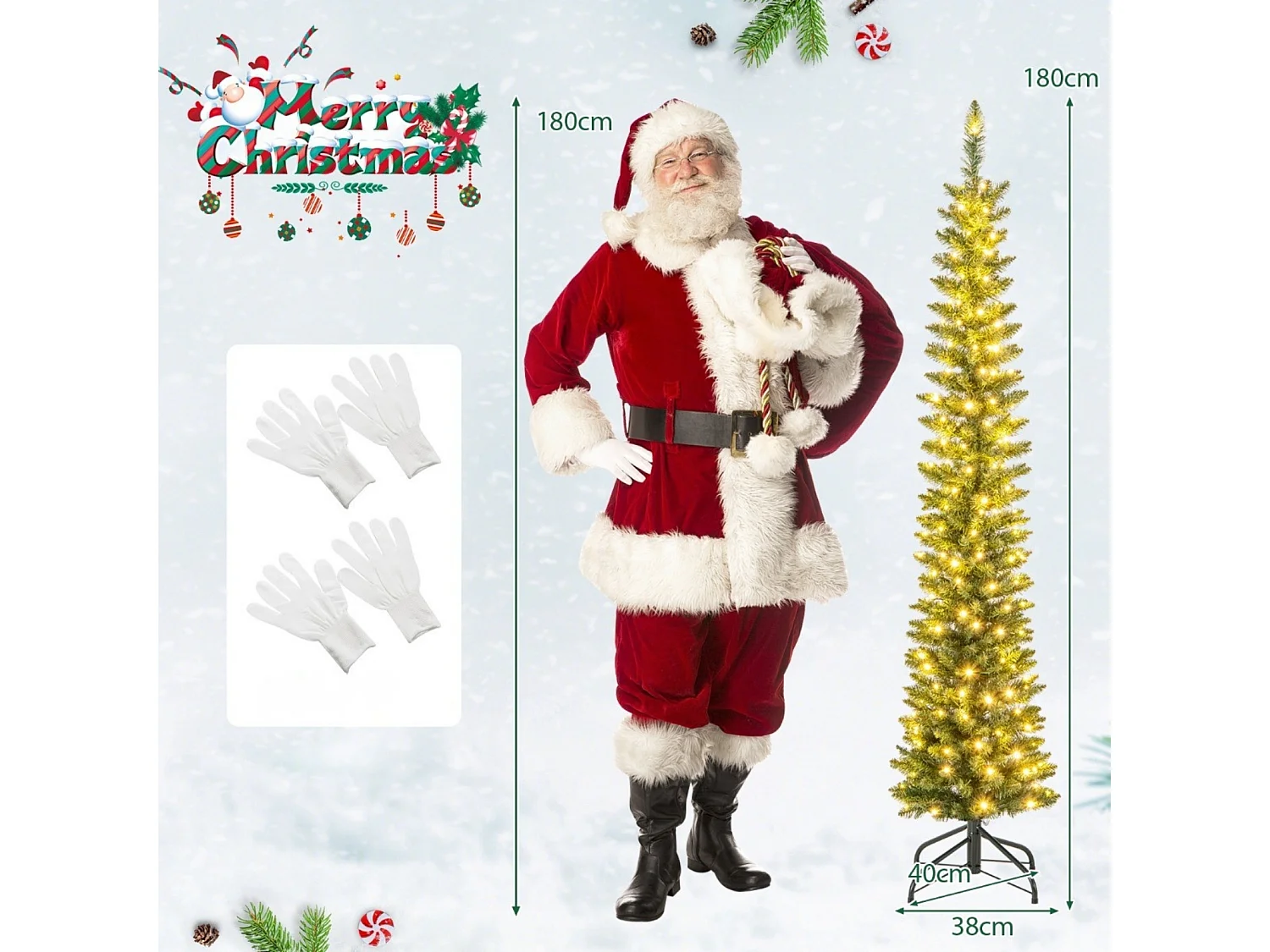 Albero di Natale artificiale slanciato con luci LED, 180 cm