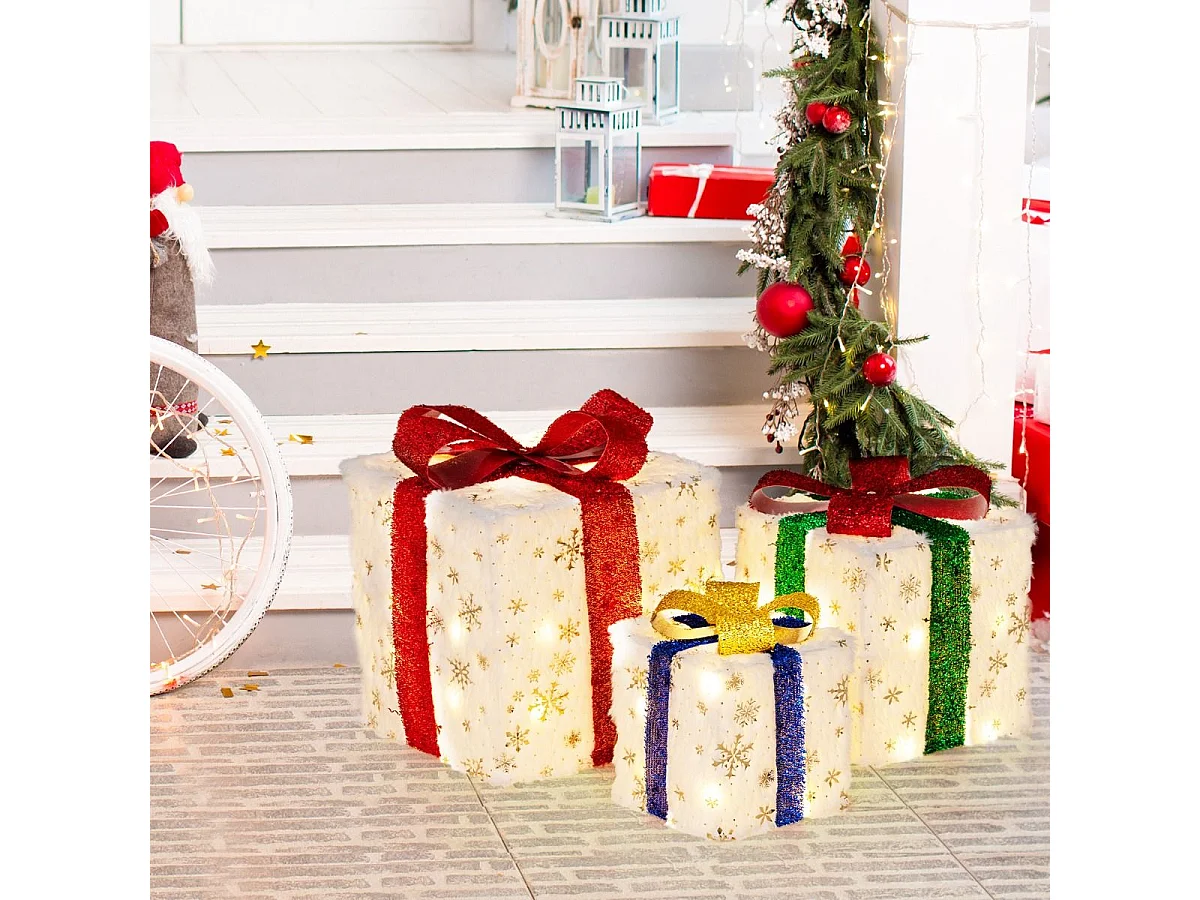 3er Set LED Geschenkboxen mit Schleife & 48 Warmweiß LEDs & Timer Wasserdichte Weihnachtsdeko