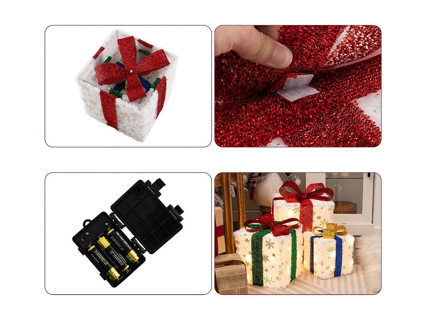 3er Set LED Geschenkboxen mit Schleife & 48 Warmweiß LEDs & Timer Wasserdichte Weihnachtsdeko