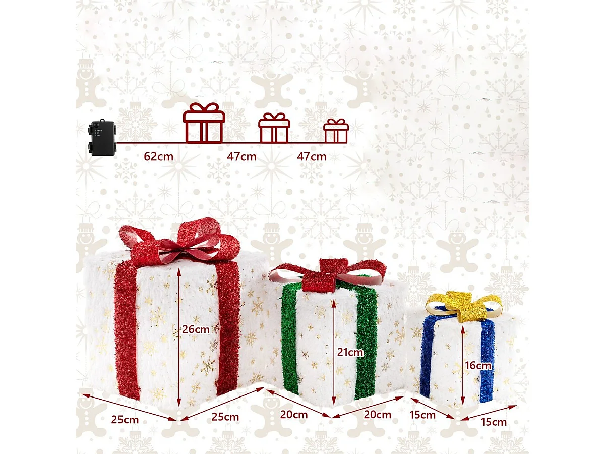 Set di 3 scatole regalo illuminate per Natale, Decorazione natalizia pre-illuminata con 48 luci calde e luminose