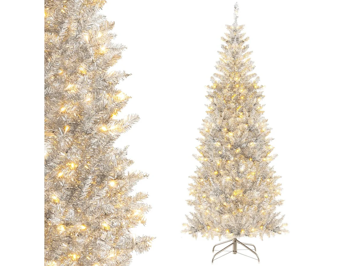 Albero di Natale artificiale argentato con 790 rametti 300 luci a LED supporto pieghevole, Decorazione natalizia 180cm