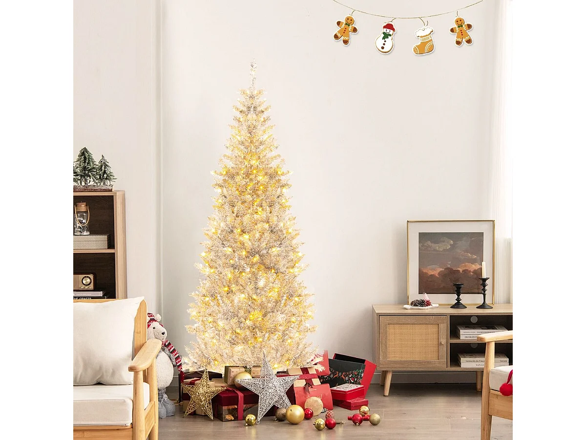 180 cm Bleistift Lametta-Weihnachtsbaum mit Warmweißen LED-Leuchten Schlanker Christbaum