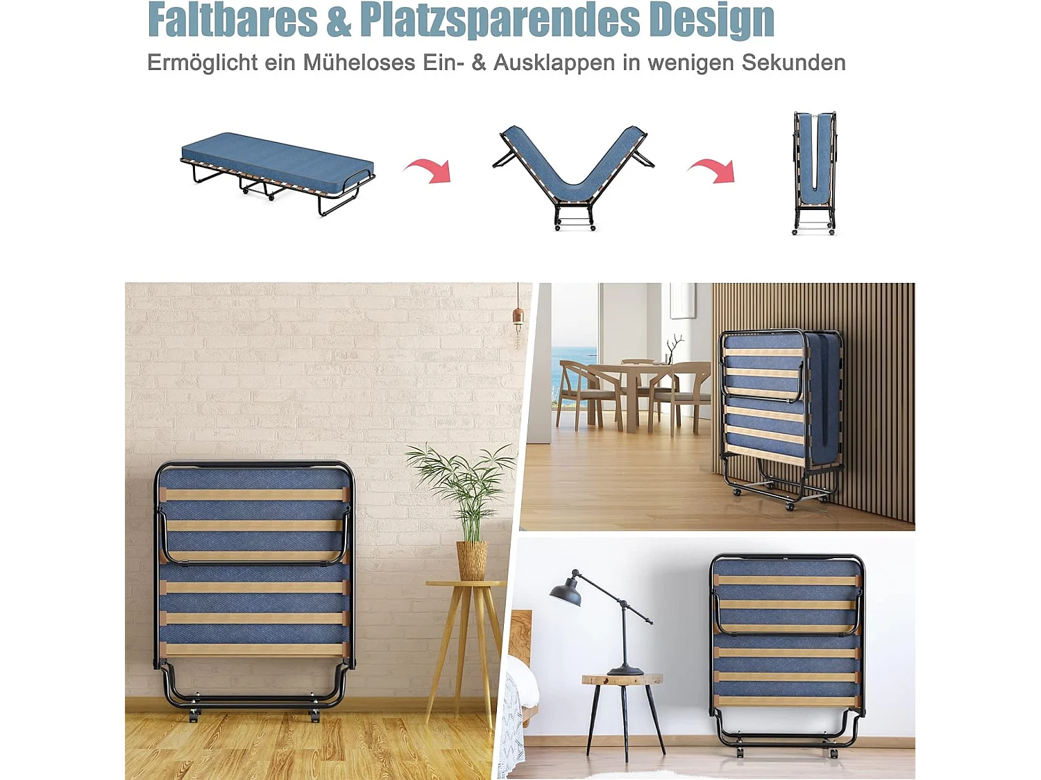 80x190cm Gästebett mit Matratze, Klappbares Einzelbett, Stabiler Metallbett bis 130kg belastbar, Faltbett Camping Gästezimmer, Tragbares Bett, Blau