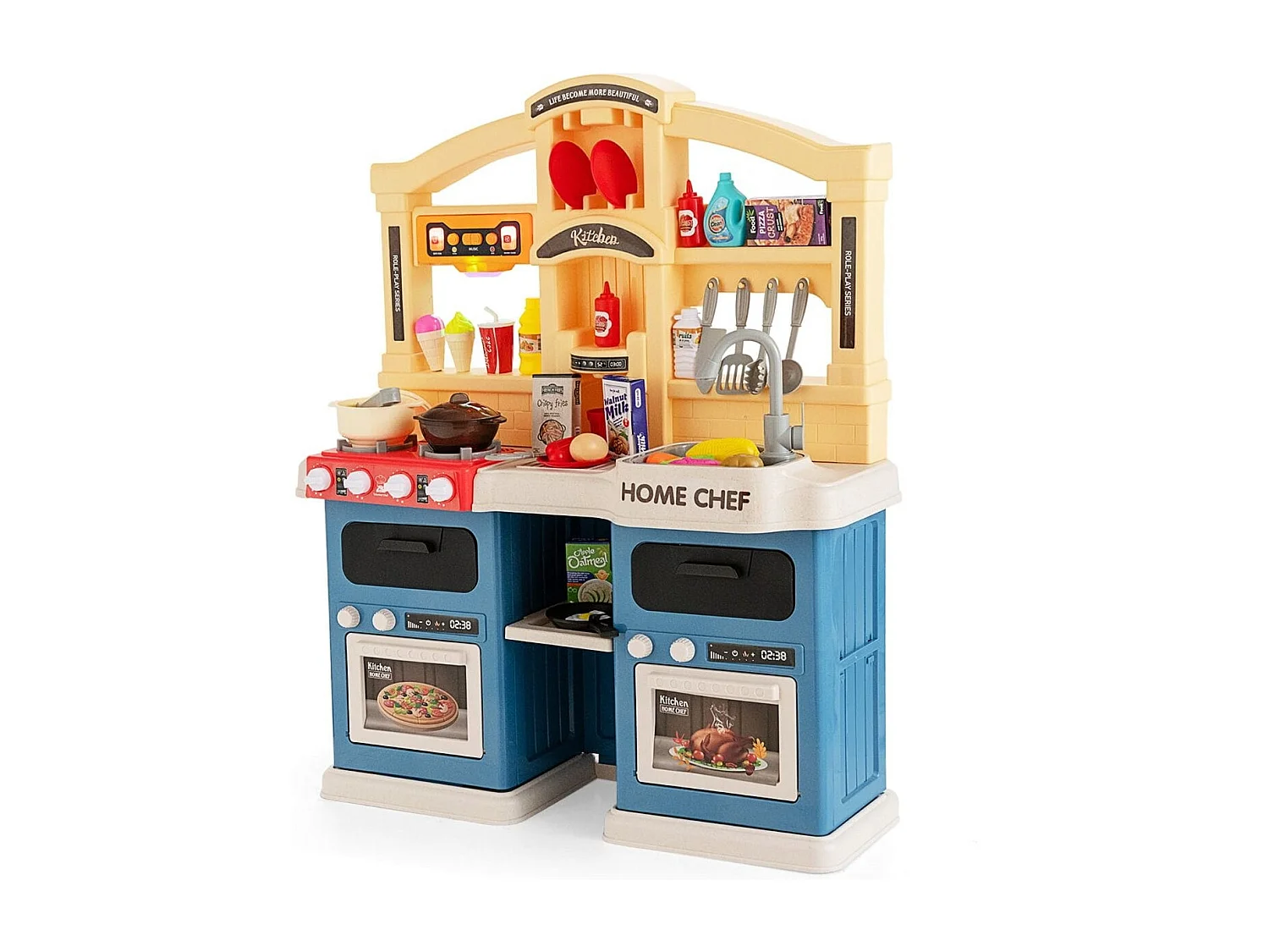 69 TLG. Kinderküche inkl. Zubehör Spielküche mit Lichter & Dampf & Musik & Sound Blau