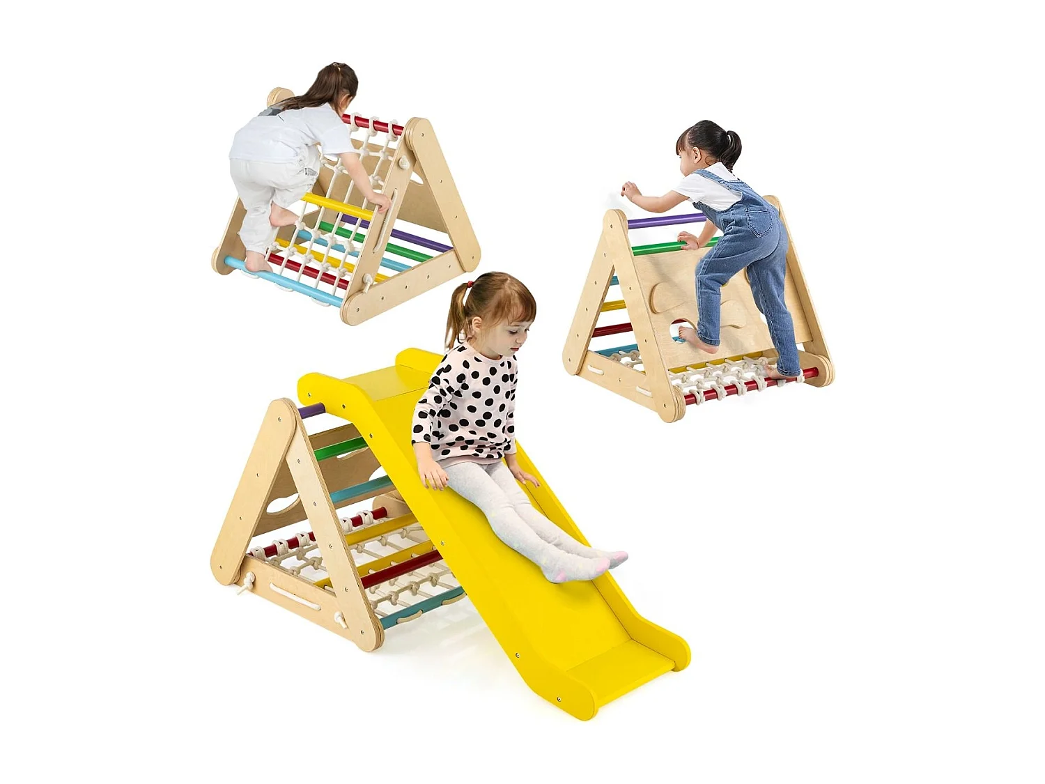 Kletterspielzeug für Kleinkinder Dreieckiges 4-in-1 Klettergerüst mit Rampe Mehrfarbig