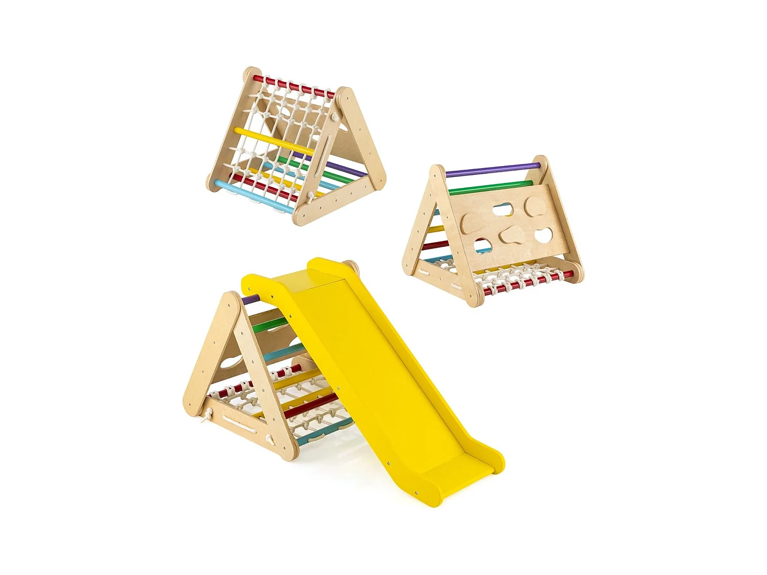 Triangle d‘'Escalade en Bois pour Bebe 1+ An 4 en 1 Échelle et Planche & Escalade avec Filet Charge 50KG Multicolore