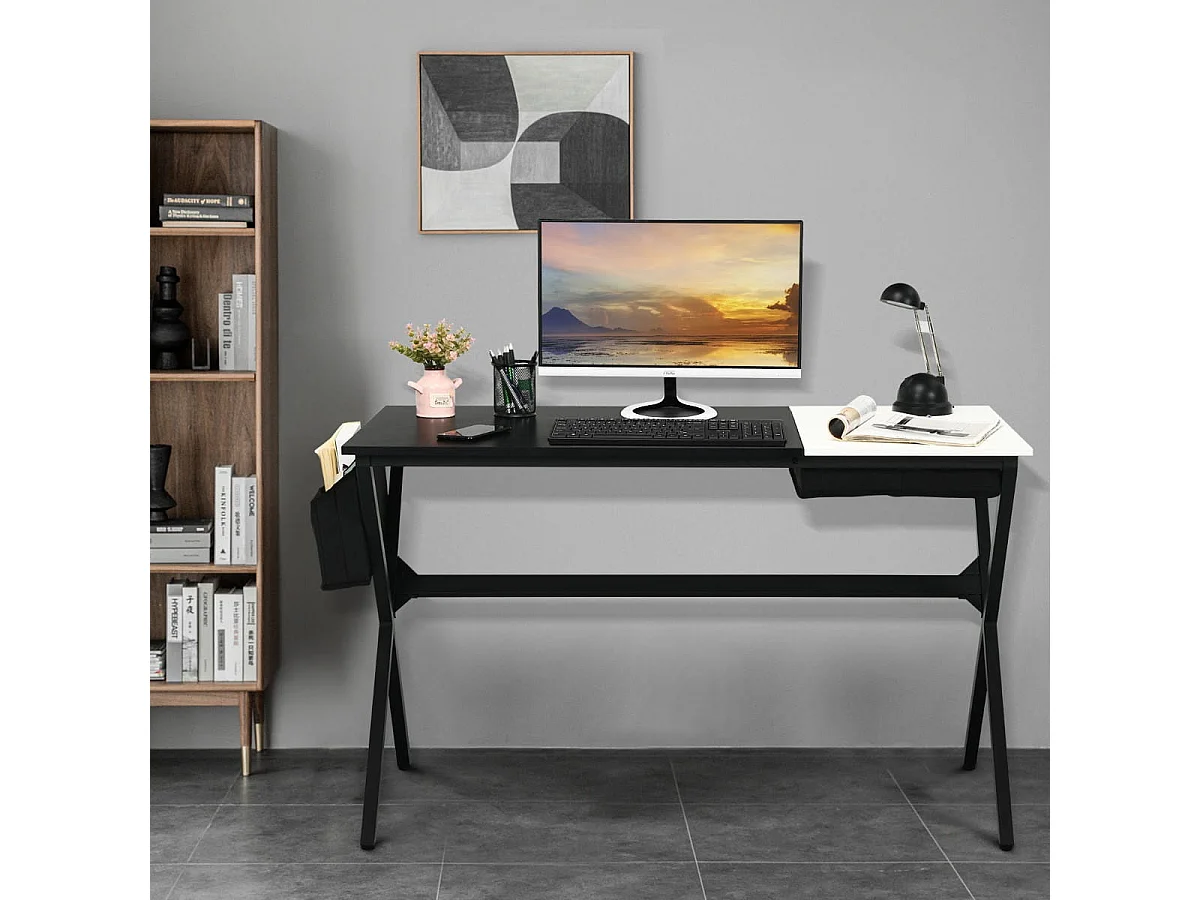 120 cm langer Schreibtisch mit Würfelschublade & Seitentasche Computertisch Schwarz