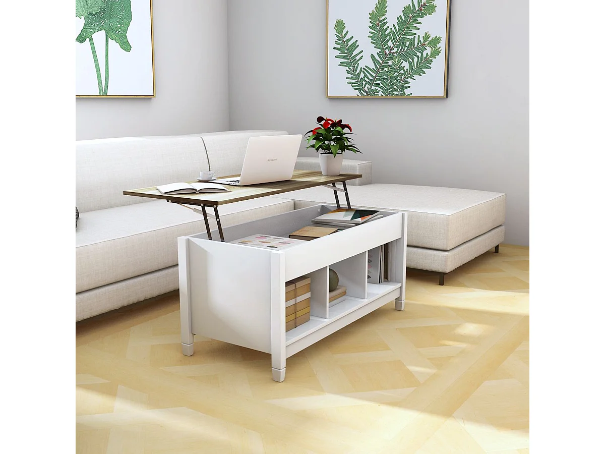 Sofatisch mit Hebeplatte Stauraum & 3 Offene Regale Höhenverstellbar