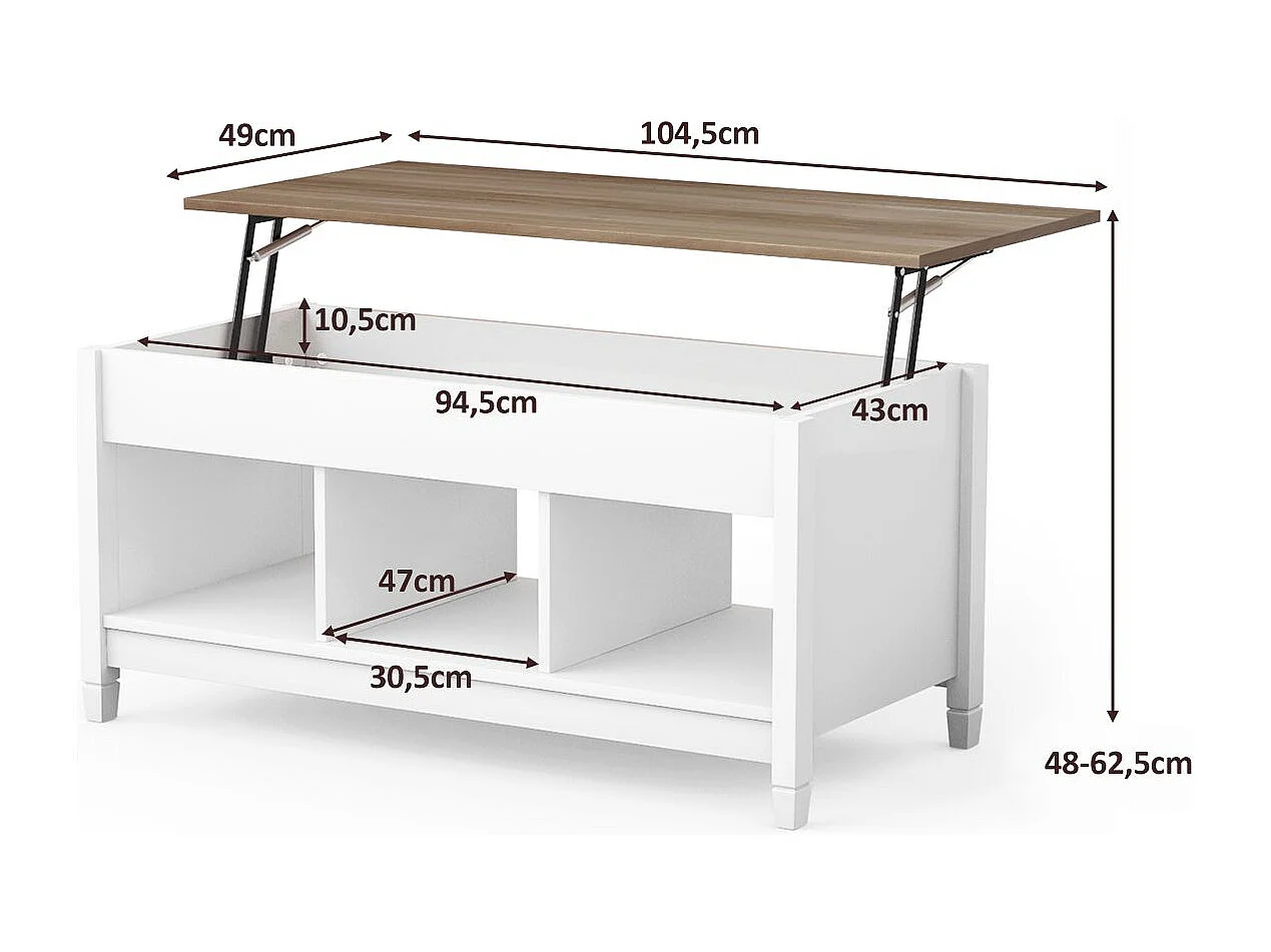Sofatisch mit Hebeplatte Stauraum & 3 Offene Regale Höhenverstellbar