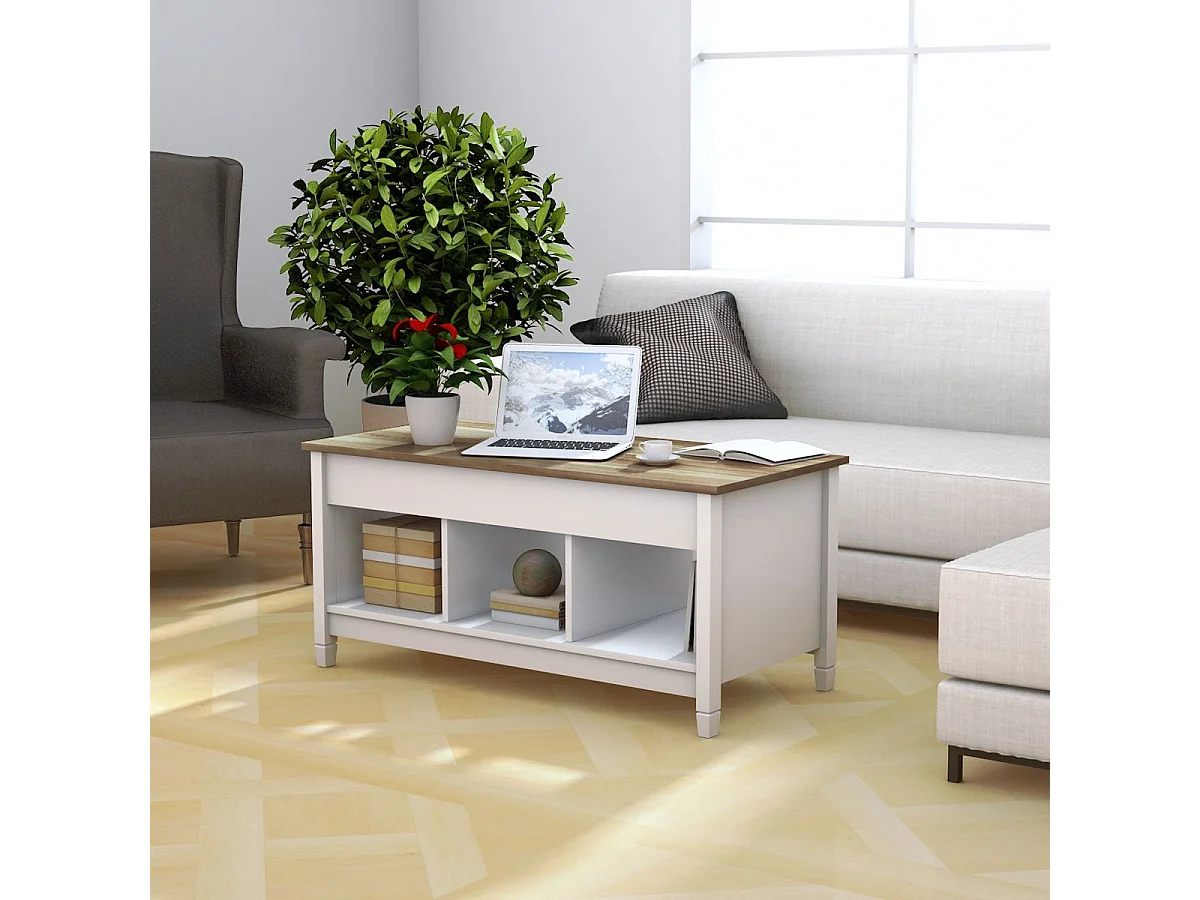 Sofatisch mit Hebeplatte Stauraum & 3 Offene Regale Höhenverstellbar