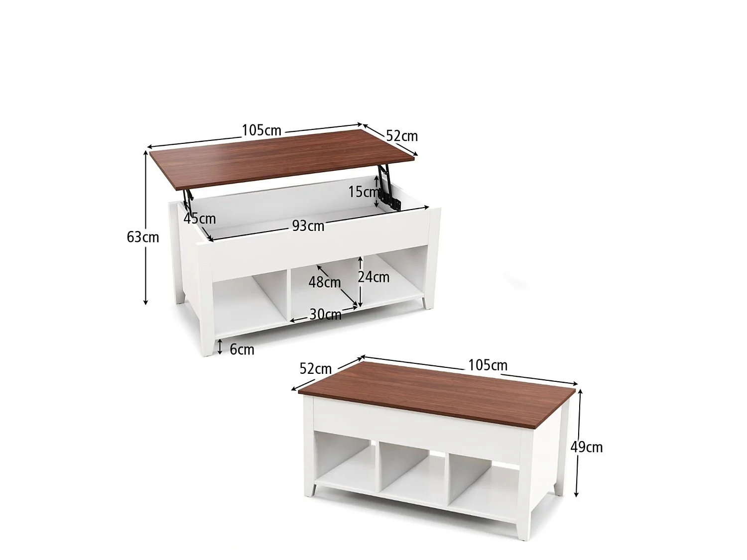 Sofatisch mit Hebeplatte Stauraum & 3 Offene Regale Höhenverstellbar