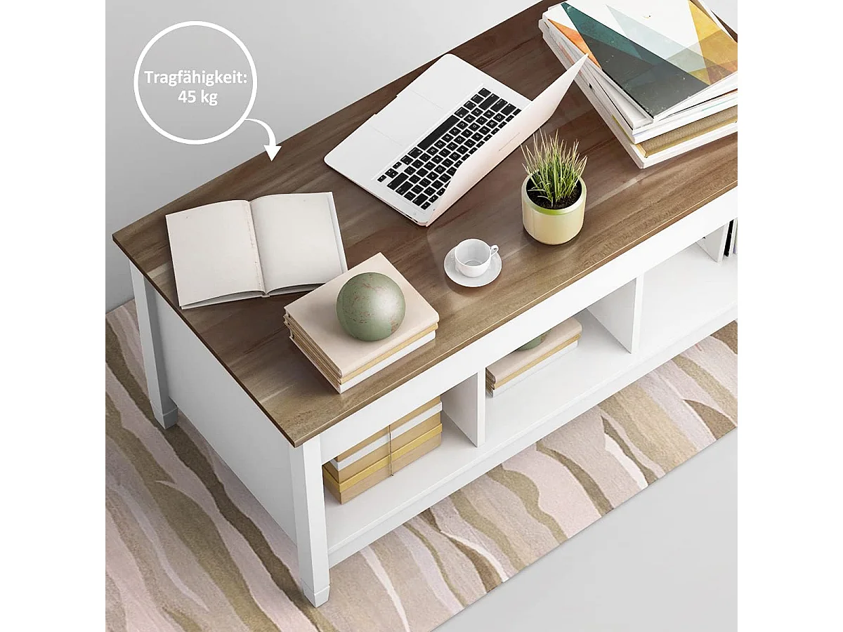 Sofatisch mit Hebeplatte Stauraum & 3 Offene Regale Höhenverstellbar