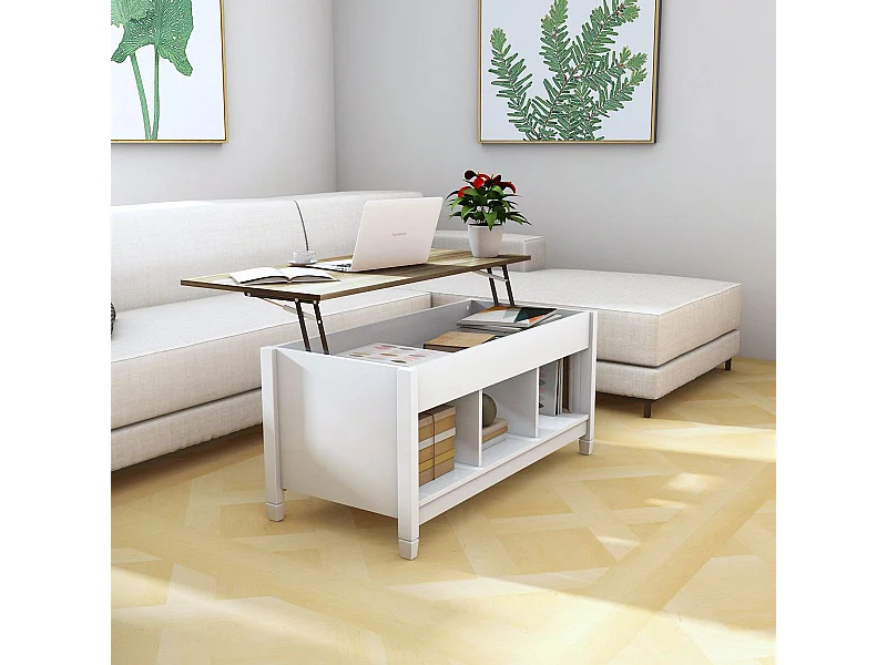 Sofatisch mit Hebeplatte Stauraum & 3 Offene Regale Höhenverstellbar