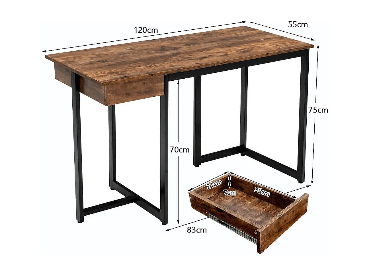 Scrivania per computer 120cm con cassetto, Scrivania per ufficio con struttura in metallo piedini regolabili Marrone