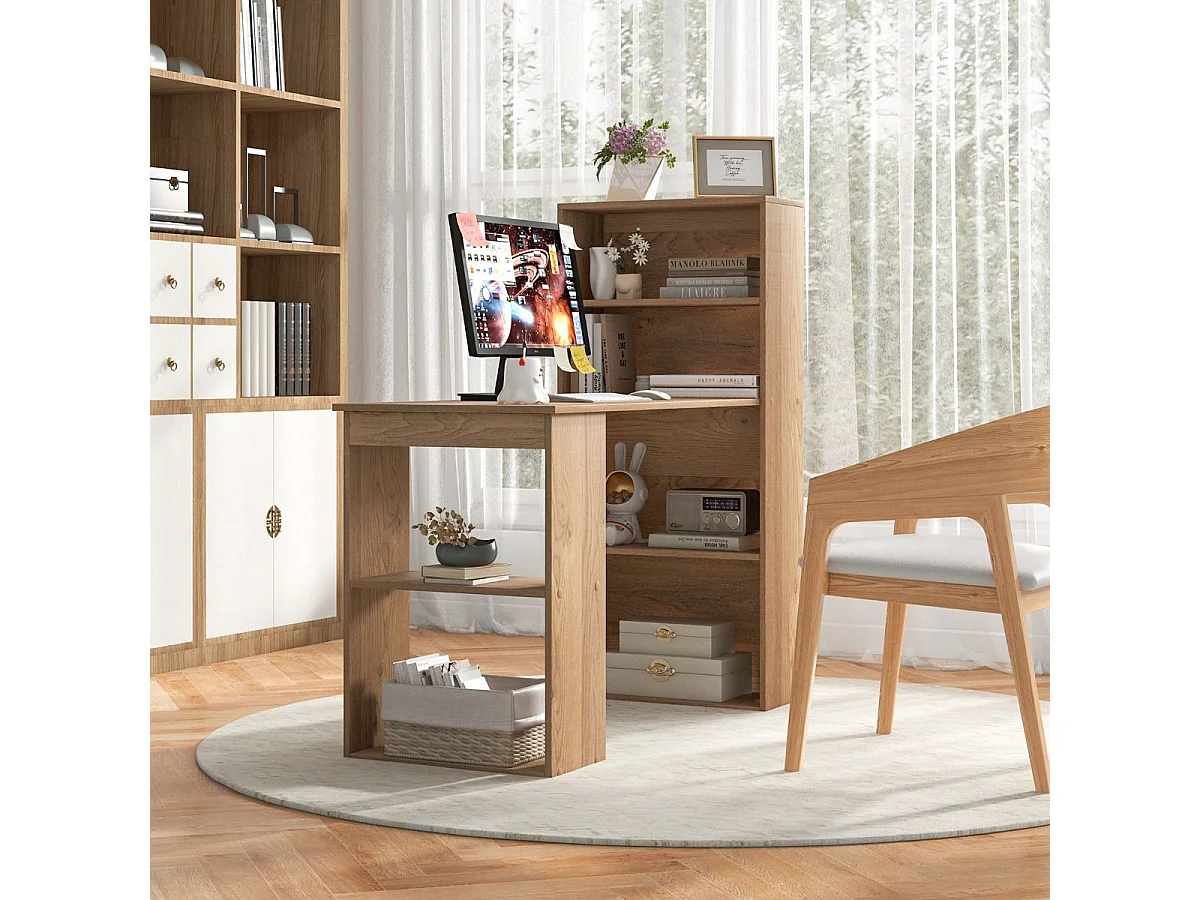 Schreibtisch mit Bücherregal Computertisch mit 6 Regalen PC-Tisch mit Regal Bürotisch Natur