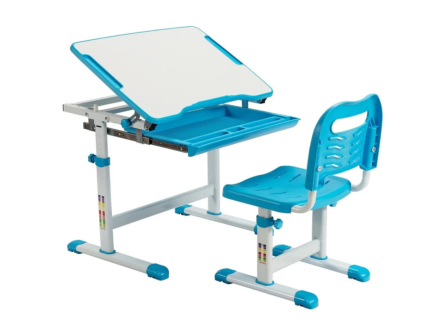 Bureau Enfant à Hauteur Réglable Inclinable 0-45° Ensemble Table et Chaise avec Plateau 1 Tiroir et Crochet en Métal Bleu