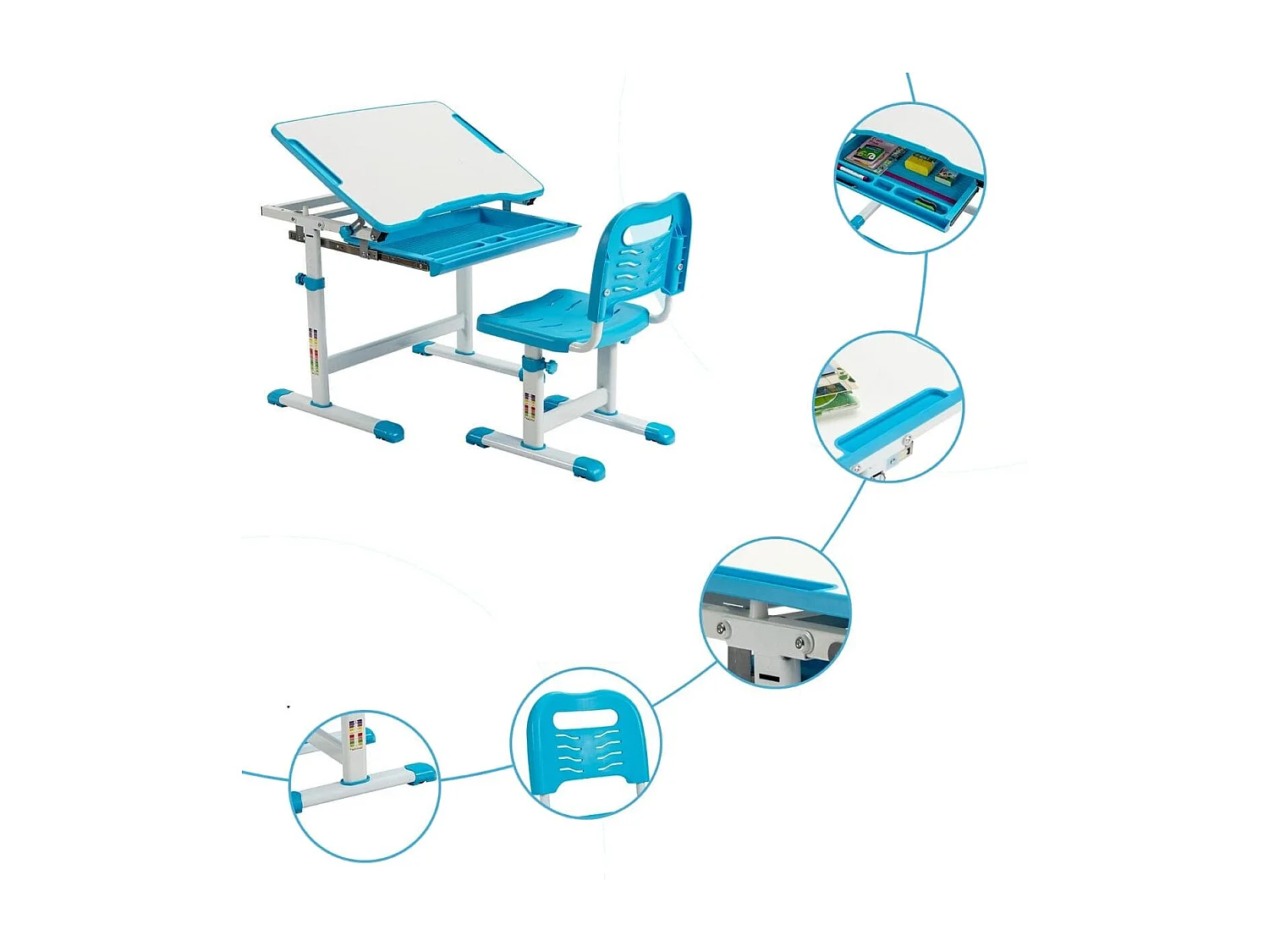 Bureau Enfant à Hauteur Réglable Inclinable 0-45° Ensemble Table et Chaise avec Plateau 1 Tiroir et Crochet en Métal Bleu