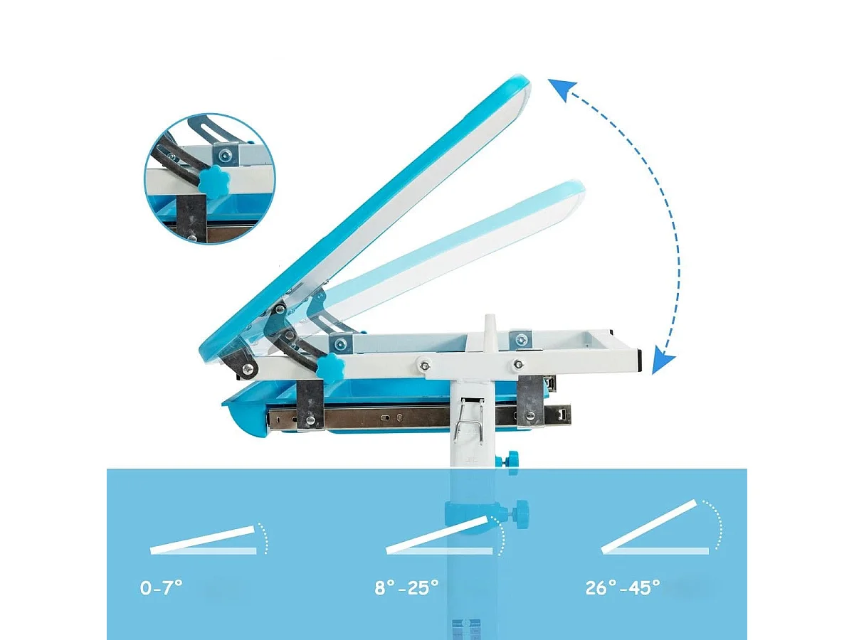 Bureau Enfant à Hauteur Réglable Inclinable 0-45° Ensemble Table et Chaise avec Plateau 1 Tiroir et Crochet en Métal Bleu