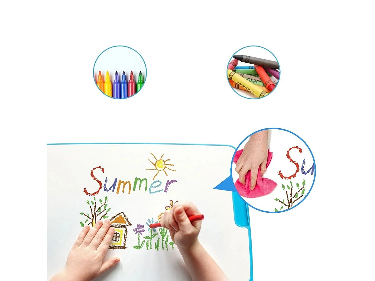 Bureau Enfant à Hauteur Réglable Inclinable 0-45° Ensemble Table et Chaise avec Plateau 1 Tiroir et Crochet en Métal Bleu