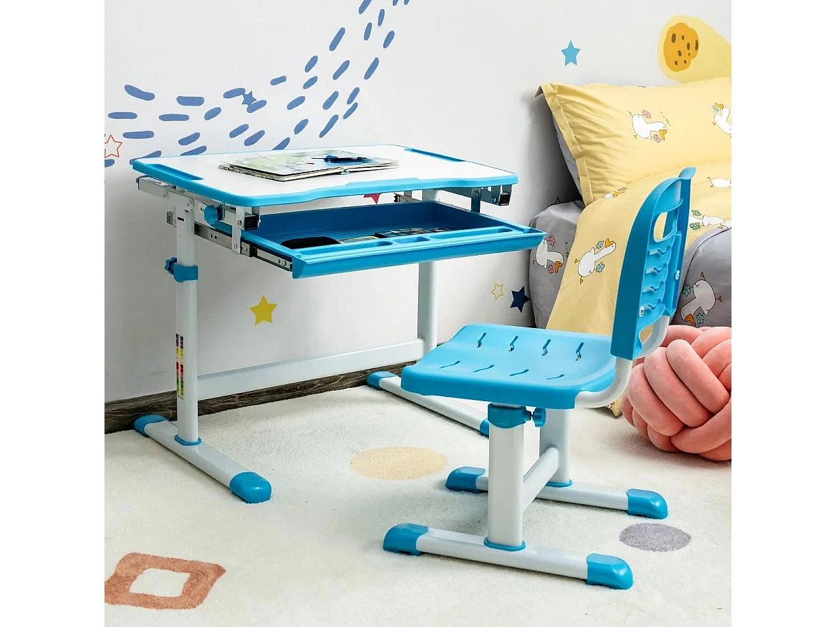 Bureau Enfant à Hauteur Réglable Inclinable 0-45° Ensemble Table et Chaise avec Plateau 1 Tiroir et Crochet en Métal Bleu